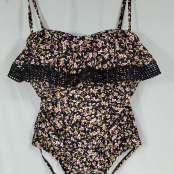 NEW Black Floral Removeable Adjustable Straps Built In Bra 1 Pc Ruffle Swimsuit - Picture 5 of 6
